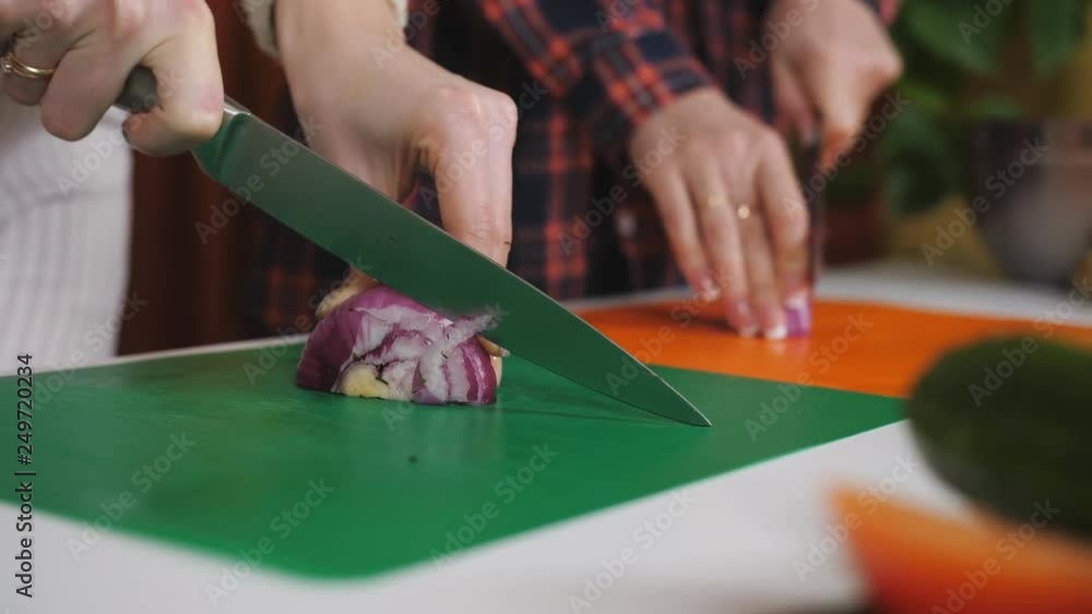 Two girls in the kitchen slicing onions for a salad. Two girls in the kitchen slicing onions for a salad.
