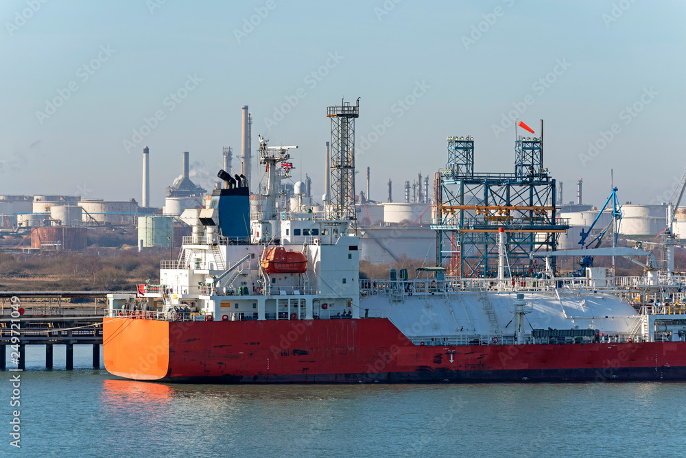 A liquid petroleum tanker vessel on a refinery berth