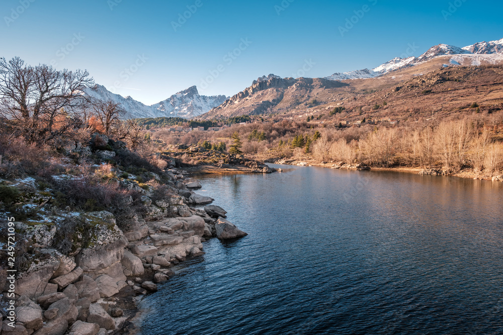 River Golo and snow capped Paglia Orba mountain in Corsica