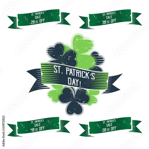 Holiday ribbon with clover leaves isolated on white background. St. patrick's Day sale ribbons. Commercial offer poster. Vector illustration