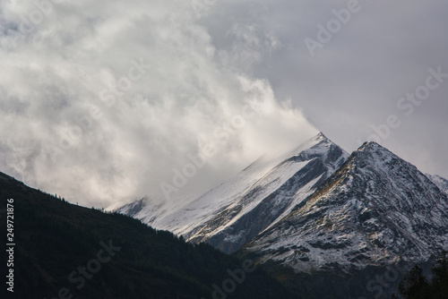 the view of Grossglockner, the highest mountain in Austria, snow and clouds, wild mountain landscape