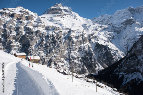 swiss alps landscape. Gimmelwald is a small mountain village in the Bernese Oberland, between Stechelberg and Murren. photo