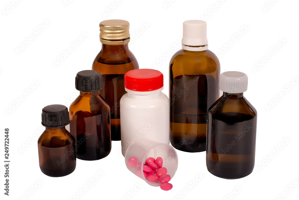 Brown bubbles with drugs, on a white background, isolated Brown bubbles with drugs, on a white background, isolated