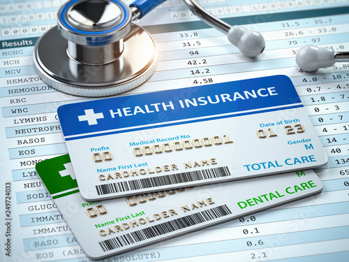 Health Insurance cards total and dental care with stethscope. photo