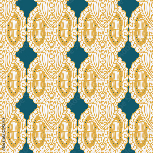 Hand drawn arabesque ornament damask illustration. Seamless vector pattern all over print. Traditional persian indian motif. Decorative elegant victorian shawl fashion, teal mustard yellow home decor.