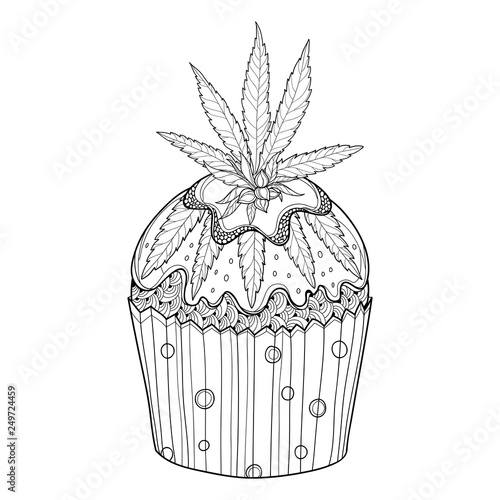 Outline cake with Cannabis sativa or Cannabis indica leaf and seed in black isolated on white background. 