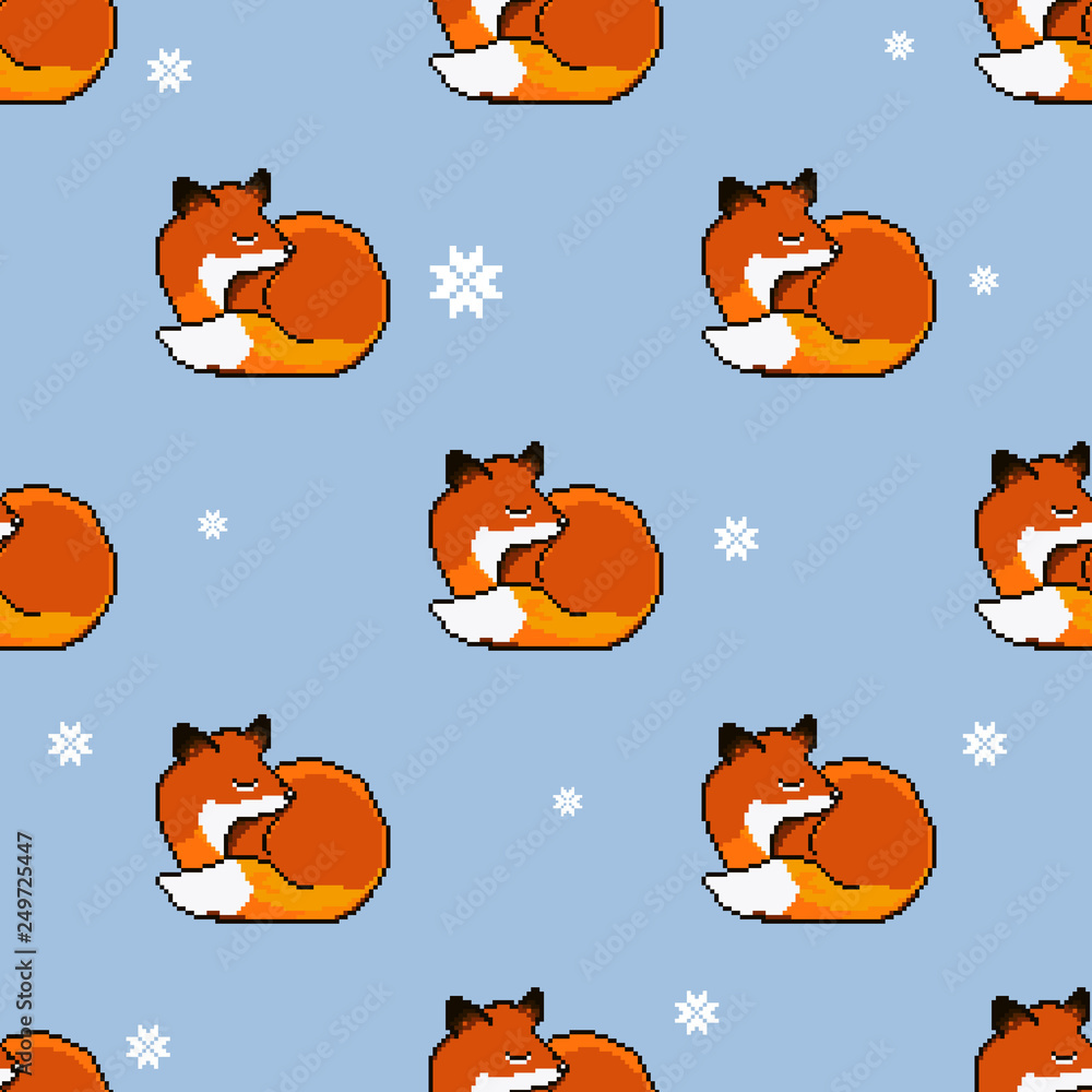 Vector seamless pattern of cute pixel art fox. Pixel art. 8 bit. 