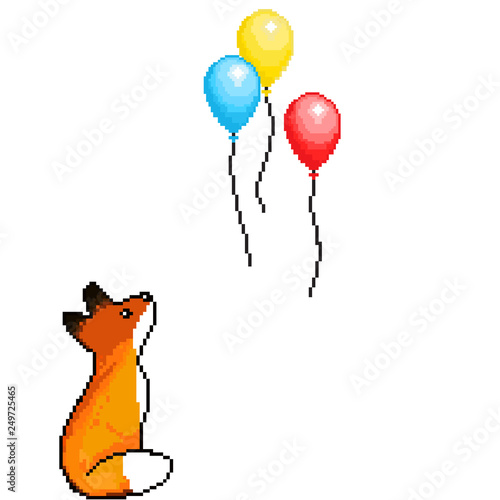 Pixel art cute balloons set and cute fox . Vector illustration. Pixel art. 8 bit.