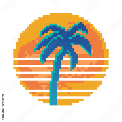 Pixel art of retro background futuristic landscape 1980s style.  Palm and sun. 8 bit