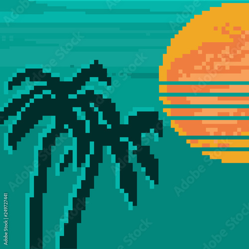 Pixel art of retro background futuristic landscape 1980s style.  Palms and sun. 8 bit