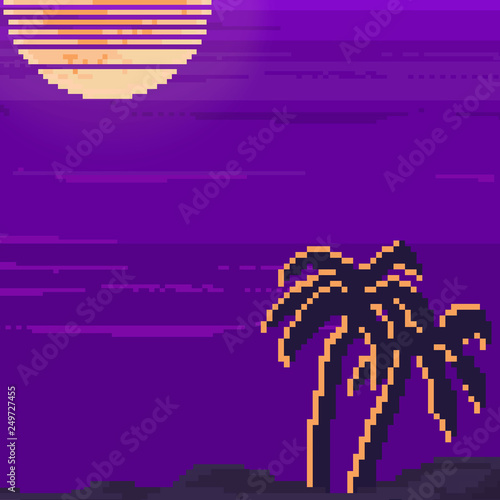 Pixel art of retro background futuristic landscape 1980s style.  Palms and sun. 8 bit