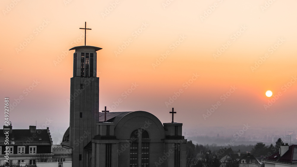 Tonal sunset over modern church