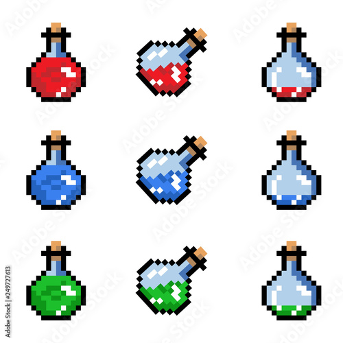 Set of potion bottles phial vial, pixel art style. Pixel bottle of potion for games and websites. Vector isolated. 8 bit
