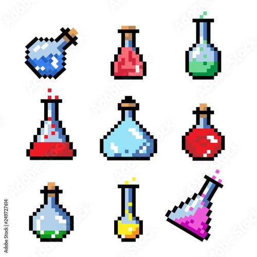 Set of potion bottles phial vial, pixel art style. Pixel bottle of potion for games and websites. Vector isolated. 8 bit