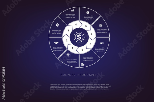 Area chart,ring chart, pie chart. Concept illustration or background. Business infographic. Vector monochrome template 8 positions