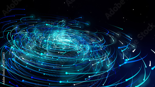 Simulation of galaxy light motion of stars in dark background, future energy and data technology of cyber programming concept in blue theme for presentation abstract background used.