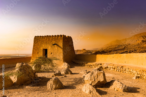 Defensive Fortress in the Desert. Dhayah Foryt - Historic landmark. Ras Al Khaimah, UAE, Jun.2018
