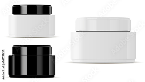 Glass Cosmetic Jar Mockup. Round Vector Container Template for Cream. Beauty Product Round Packaging for Magazine. 3d Premium Glossy Elegant Blank. Face Care Medical Hygiene.