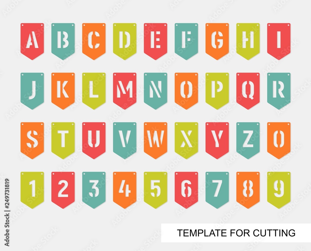 Set of flags with carved english letters and numbers. Decor for a holiday or birthday. Colorful objects on white background. Vector illustration. Template for laser cutting, wood carving or paper cut. Set of flags with carved english letters and numbers. Decor for a holiday or birthday. Colorful objects on white background. Vector illustration. Template for laser cutting, wood carving or paper cut.
