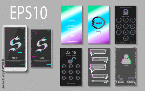 Dark glitch UI, GUI screen design for mobile app.  Mobile application interface glitch design. Wireframe kit for Lock Screen, Login page, Enter Passcode, User call, Application Loading, Text Messages.