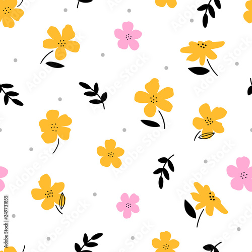 Cute floral seamless pattern for fabric, textile, print.  Beutiful white background with hand drawn flowers.