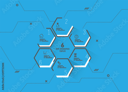 Six business yellow hexagons vector template in circle with place for your text.