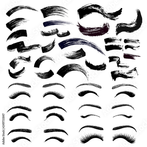 Set of make-up cosmetic mascara brush stroke texture design. False eyelashes and eyebrows. Realistic mascara smear template. Mascara eyelashes. Hand drawn lash scribble swatch. Vector illustration.