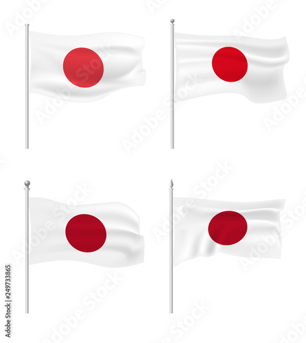 Set of National flag of Japan. Realistic Japanese flag waving in the wind. Wavy flag stock. Horizontal canvas, for your design. Vector illustration. Isolated on white background.