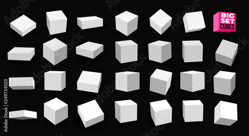 Big Set of white 3D cubes pack isolated on white background. Different light, perspective and angle. Vector illustration. Isolated on black background.