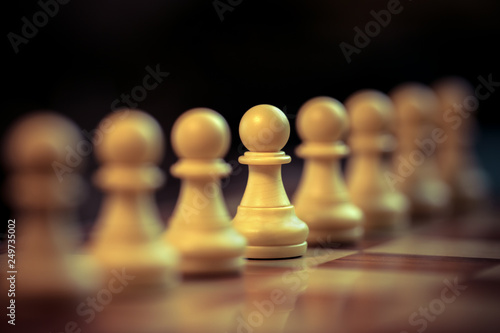 Classic Chess Pawns lined up  filed of depth