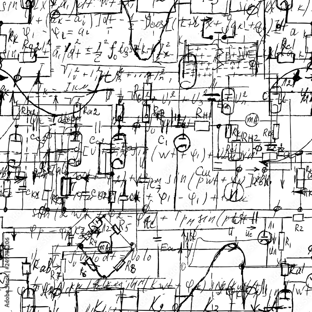 Scientific seamless texture with handwritten formulas and electronic components. Drawing of various graph solutions on white. Physics and schematic diagram and circuit of  the devices. Vector. - obrazy, fototapety, plakaty 