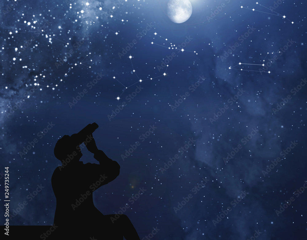 The man on the roof looks through his binoculars at the full moon and starry sky with constellations at night