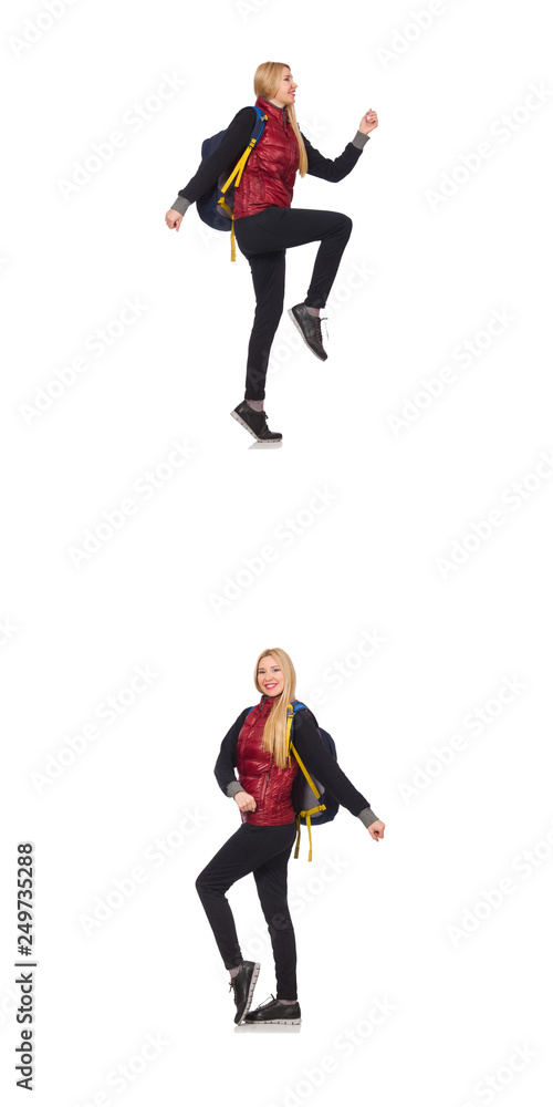 Young woman with backpack isolated on white Young woman with backpack isolated on white