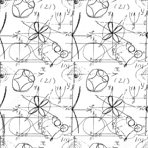Math and Geometry seamless pattern with handwriting and drawing of various graph solutions. Geometry and mathematics subjects graphics. College lectures. Vector.