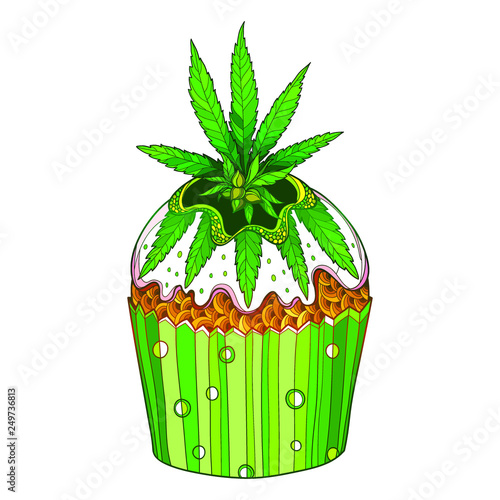 Outline cake with Cannabis sativa or Cannabis indica leaf and seed in green isolated on white background.