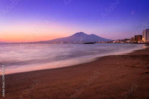 Sunset from a beach in Castellammare di Stabia and Mount Vesuvius and the Bay of Naples, Naples (Napoli), Italy, Europe