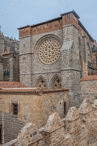 The Cathedral-fortress of Avila, Castile-Leon, Spain. Romanesque and Gothic styles. Its apse froms one of the turrets of the city walls. photo