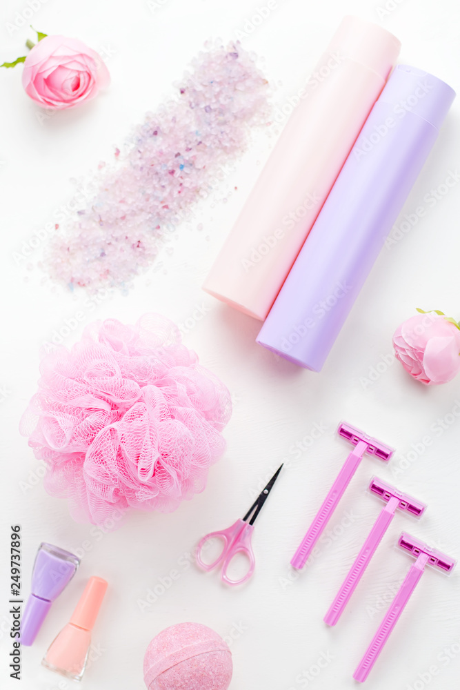 Personal care products and cosmetics flat lay. Woman beauty treatment concept, top view Personal care products and cosmetics flat lay. Woman beauty treatment concept, top view