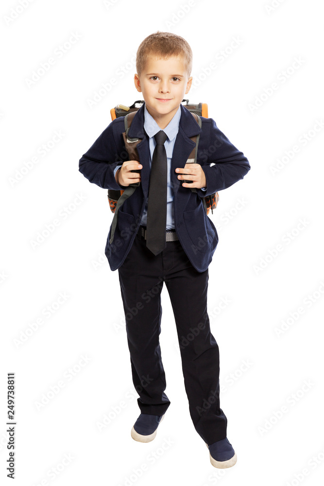 Cute boy with a school backpack, full length, isolated on white background Cute boy with a school backpack, full length, isolated on white background