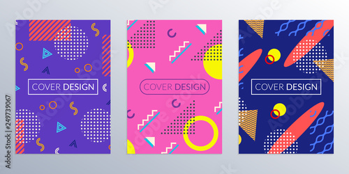 Cover design template with abstract geometric background. Memphis style covers. Poster, banner, brochure colorful templates. Vector illustration.