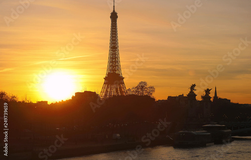 View of Eiffel Tower at sunset , Paris.