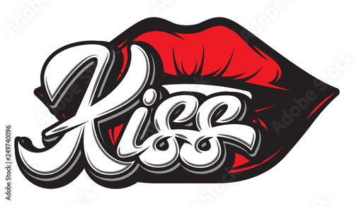 Stylish vector illustration with calligraphic inscription kiss and lips