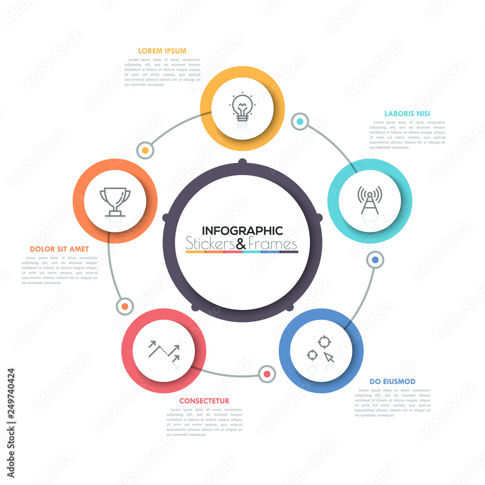 Five connected colorful circles with thin line symbols inside placed around central round element. Visualization of cyclic process concept. Simple infographic design layout. Vector illustration. Five connected colorful circles with thin line symbols inside placed around central round element. Visualization of cyclic process concept. Simple infographic design layout. Vector illustration.