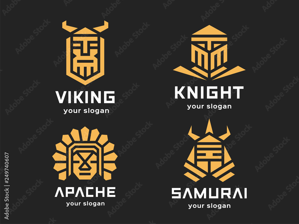 Set of 4 vector logos. Abstract warriors. Linear style. Color version on a dark background. Set of 4 vector logos. Abstract warriors. Linear style. Color version on a dark background.