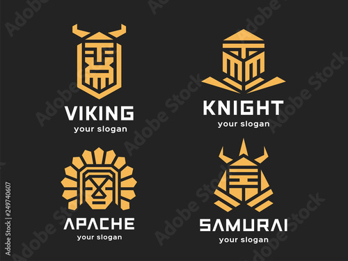 Set of 4 vector logos. Abstract warriors. Linear style. Color version on a dark background.