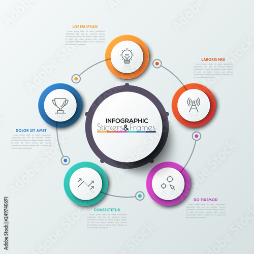 Five multicolored circles with thin line icons inside placed around main circular element. Visualization of business process concept. Realistic infographic design template. Vector illustration.