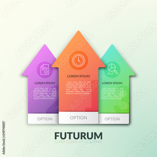 Three separate multicolored arrows pointing upward with numbers, thin line pictograms and place for text inside. Concept of growth and rise. Modern infographic design template. Vector illustration.