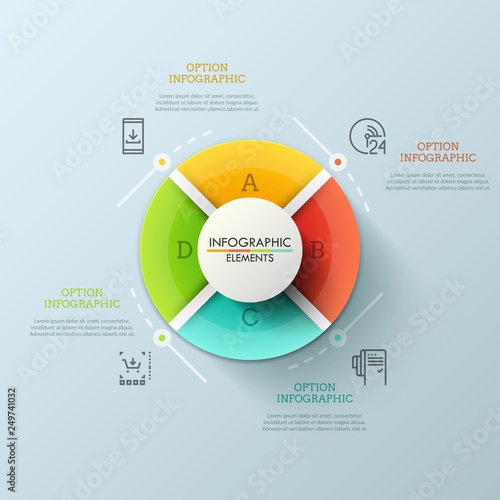 Circular pie chart divided into 4 equal lettered sectors. Concept of round website menu with colorful buttons. Futuristic infographic design layout. Vector illustration for brochure, presentation.