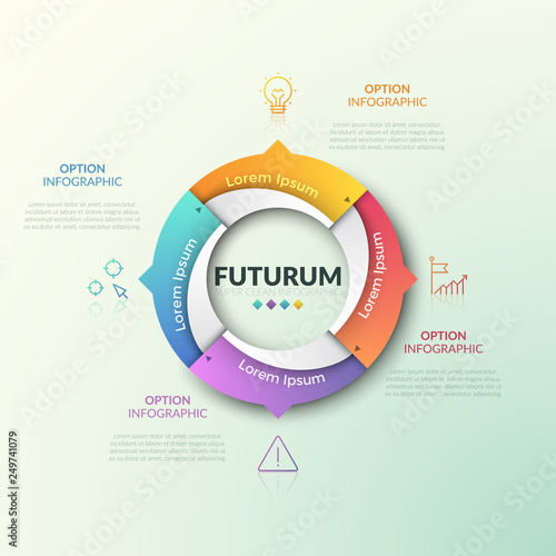 Round diagram divided into 4 parts with arrows pointing at thin line pictograms and text boxes. Four qualities of production cycle concept. Modern infographic design template. Vector illustration.
