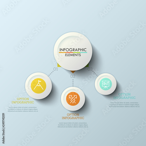 Workflow chart with 3 options, main round element connected with three thin line pictograms in circles. Unique infographic design template. Vector illustration for brochure, presentation, report.